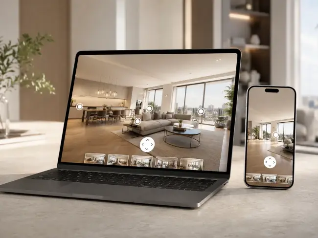 Darstellung eines virtuellen 360-Grad-Rundgangs auf Laptop und Smartphone